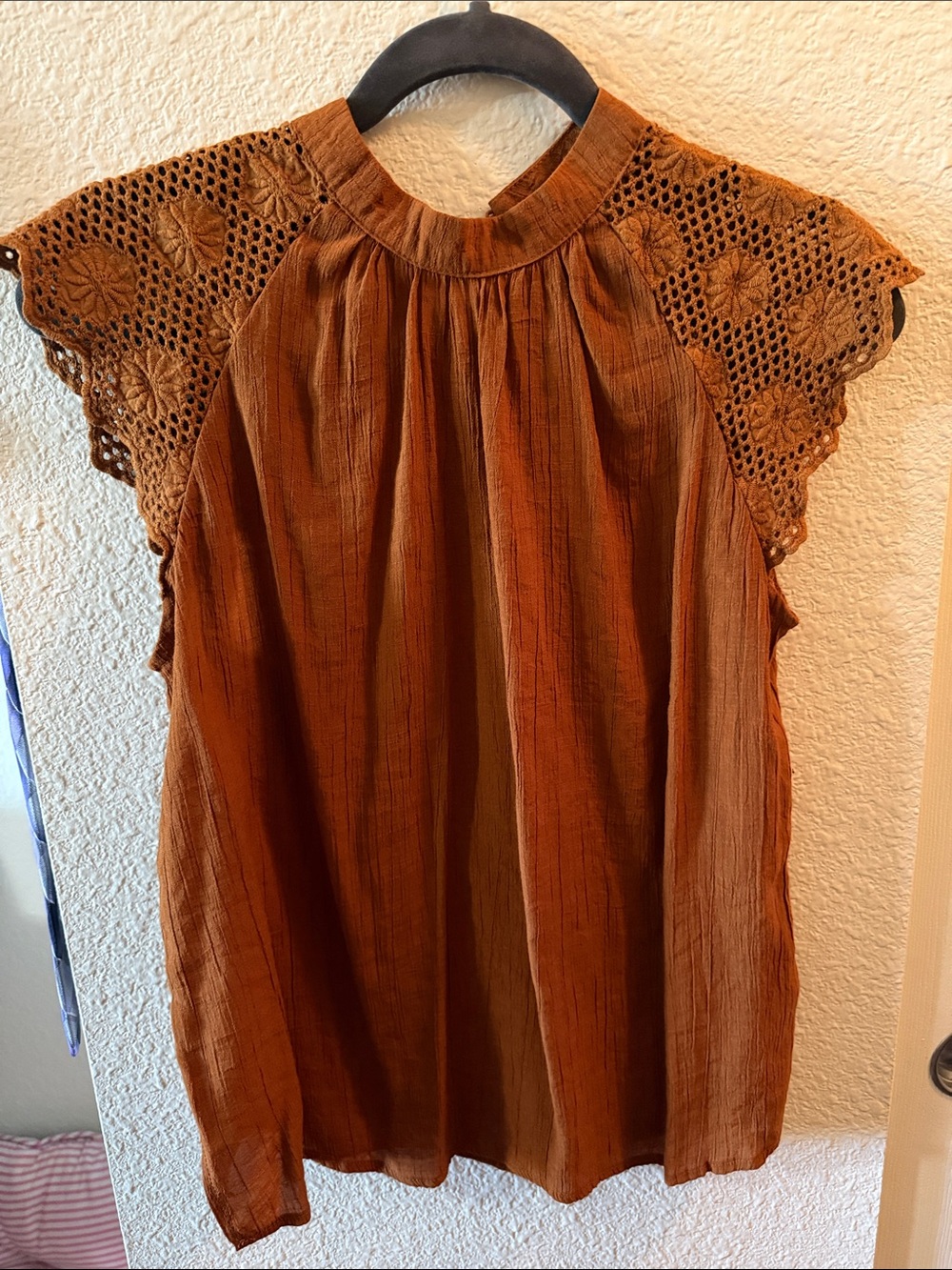 Nanette Lepore Rust Crochet Sleeve High-Neck Blouse